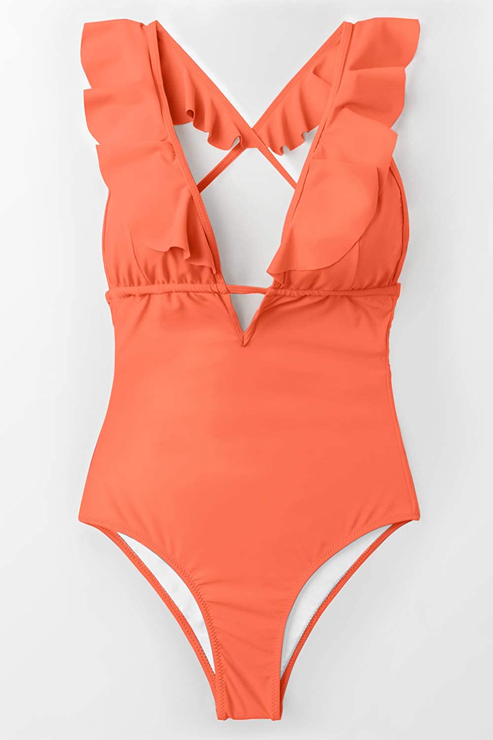 CUPSHE Women's One Piece Swimsuit Ruffle Deep V Neck Strappy Swimwear Bathing Suits