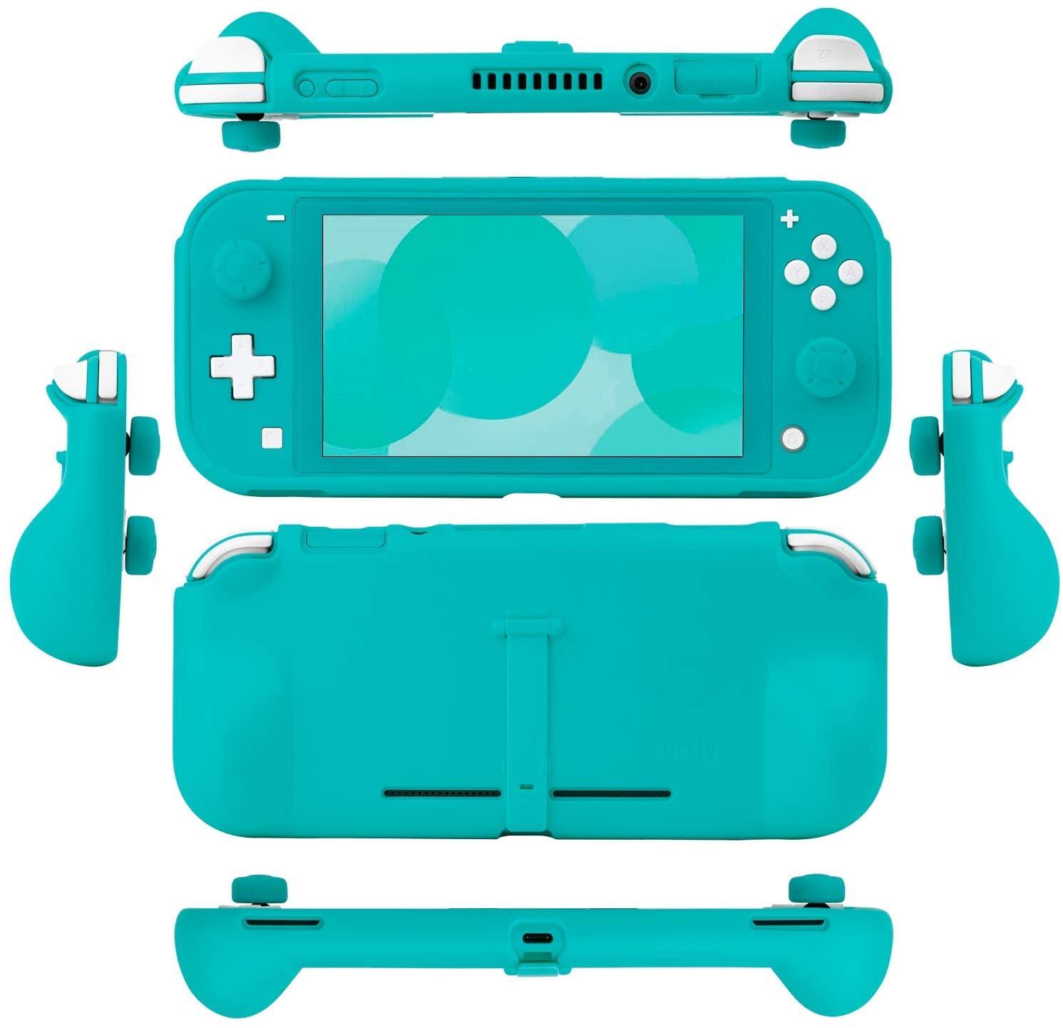 Orzly Grip Case for Nintendo Switch Lite – Case with Comfort Padded Hand Grips, Kickstand, Pack of Thumb Grips - Turquoise Blue - JOY2ESpree