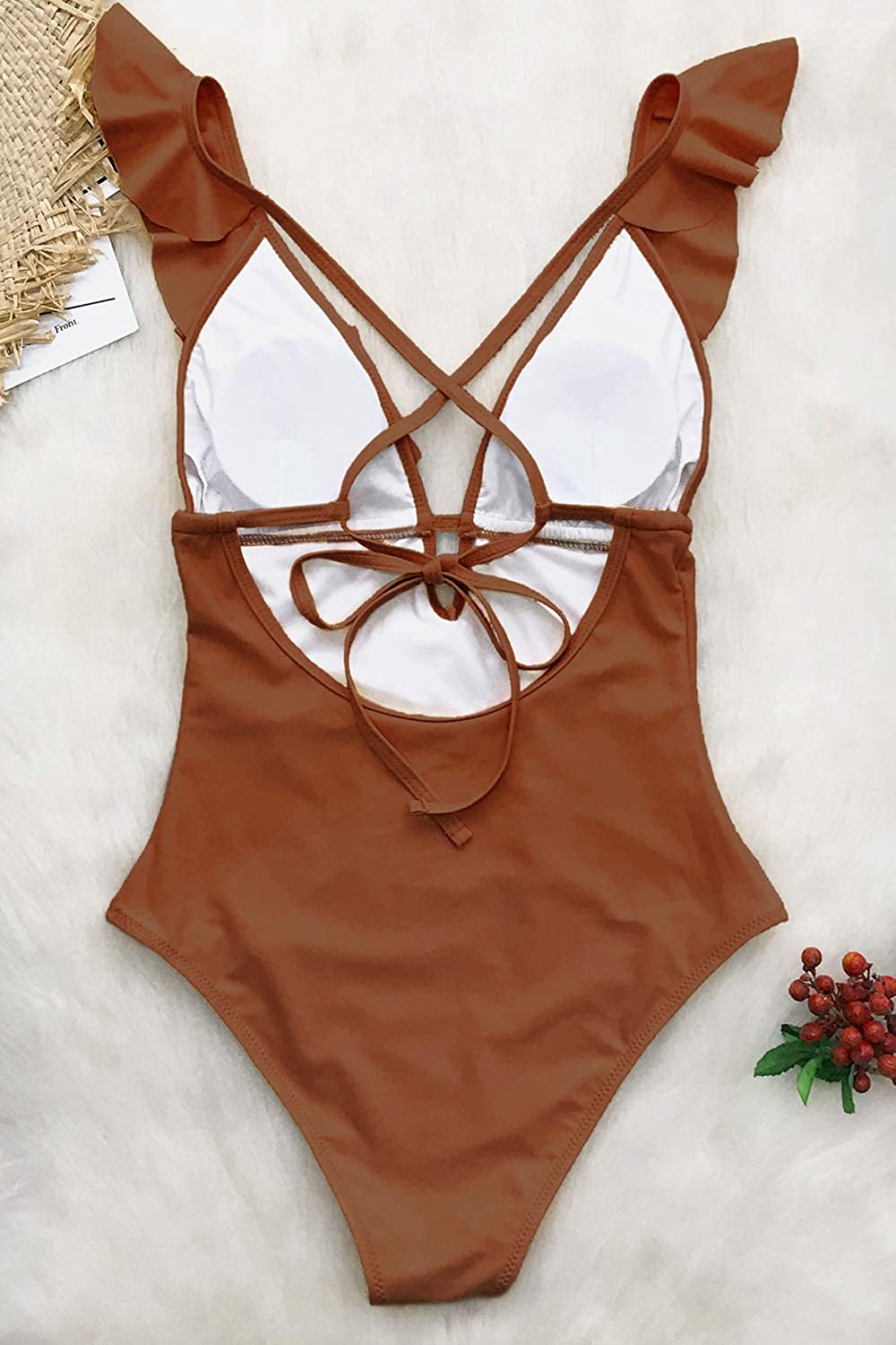 CUPSHE Women's One Piece Swimsuit Ruffle Deep V Neck Strappy Swimwear Bathing Suits