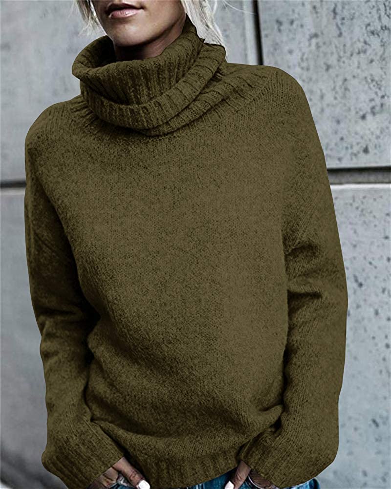 FISACE Womens Solid Round Neck Oversized Turtleneck Full Sleeve Knitted Sweater Pullover