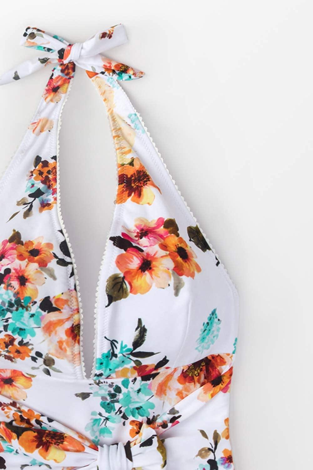 CUPSHE Women's Tie Waist Floral Print One Piece Swimsuit Halter Swimwear - JOY2ESpree