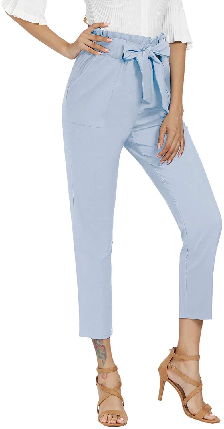 Freeprance Women's Pants Casual Trouser Paper Bag Pants Elastic Waist Slim Pockets