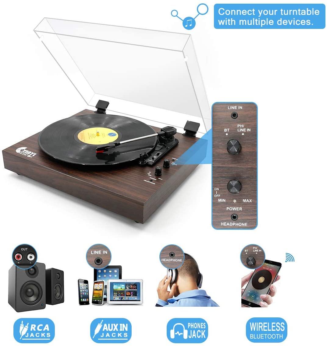Retro Record Player for 33/45/78 RPM Vinyl Records,Bluetooth Belt-Drive Turntable - JOY2ESpree