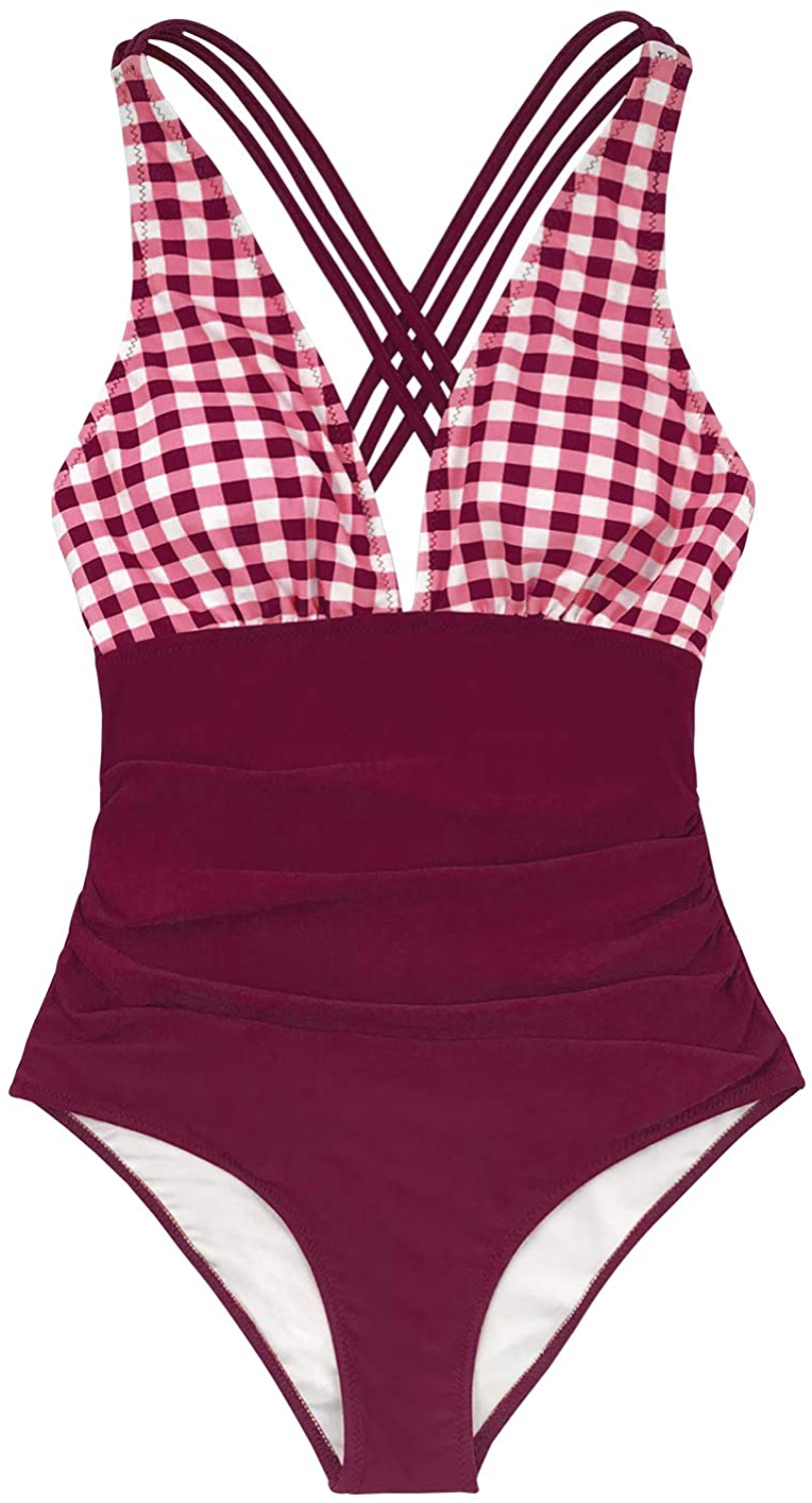 CUPSHE Women's One Piece Swimsuit V Neck Tummy Control Cross Back Vintage Swimwear Bathing Suits