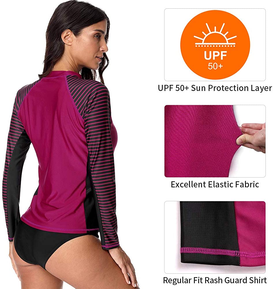 CharmLeaks Women's Long Sleeve Rashguard UPF 50 Sun Protection Swimsuit Top Striped Swim Shirts
