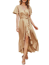 
                        
                          Load image into Gallery viewer, Miessial Women's Summer Chiffon V Neck Ruffle Maxi Dress Polka Dot Long Beach Wrap Dress
                        
                      