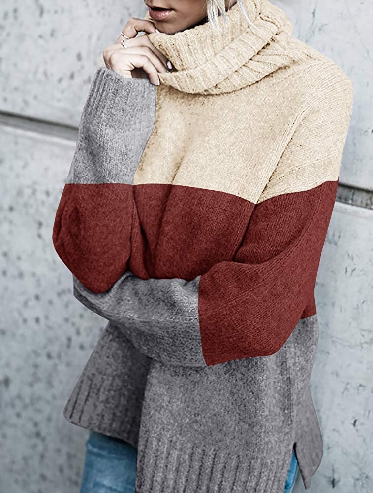 FISACE Womens Solid Round Neck Oversized Turtleneck Full Sleeve Knitted Sweater Pullover