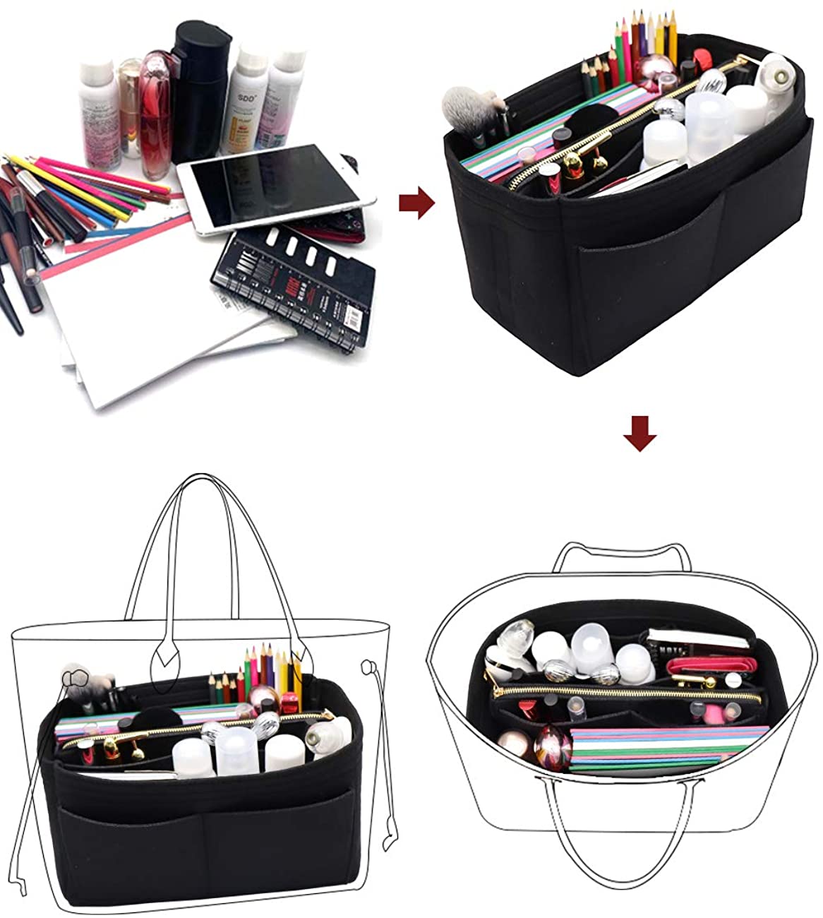 Felt Purse Bag Organizer Insert with zipper Bag Tote Shaper Fit Speedy Neverfull MM GM