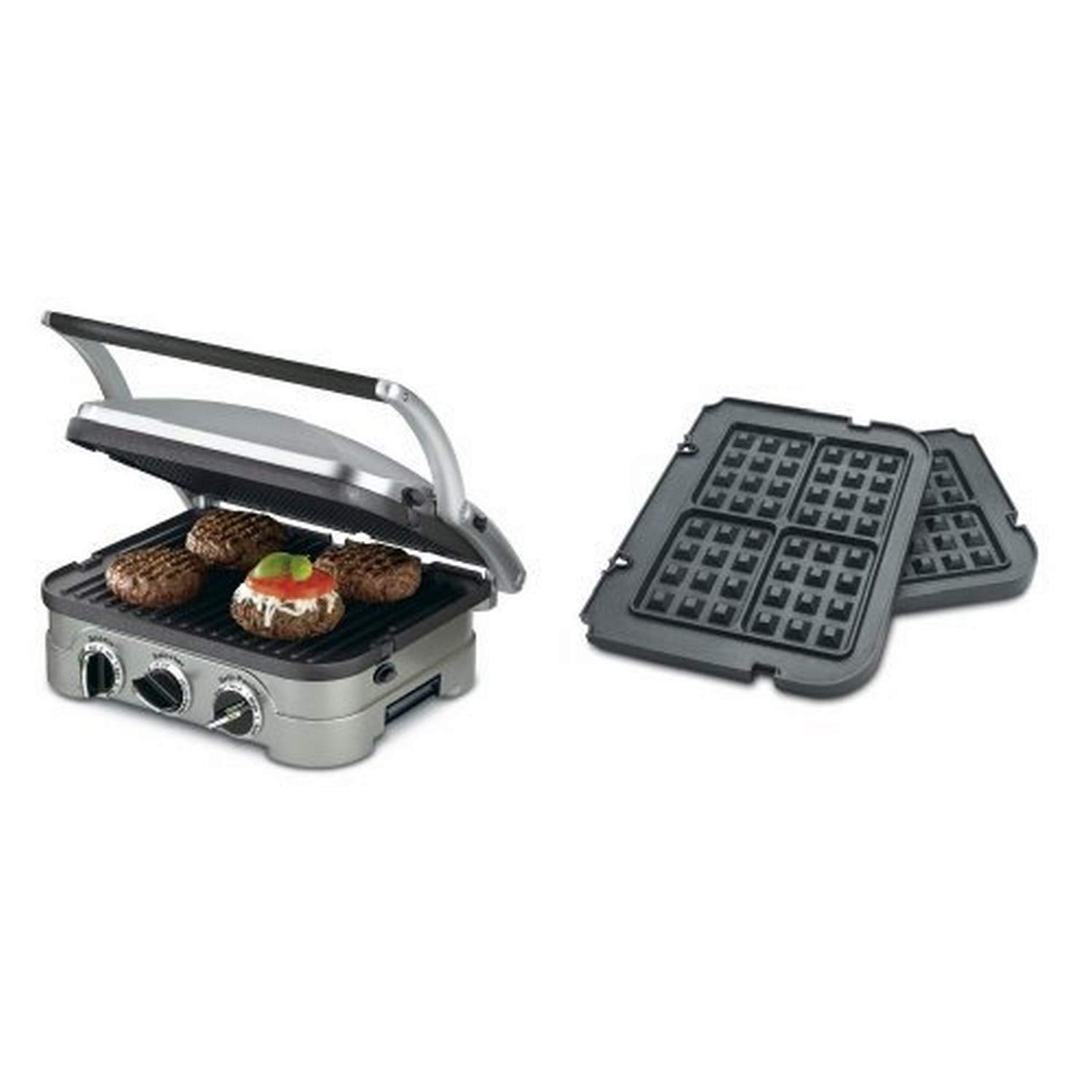 Cuisinart GR-4N 5-in-1 Silver Griddler, Black Dials, and Waffle Plates Bundle - JOY2ESpree