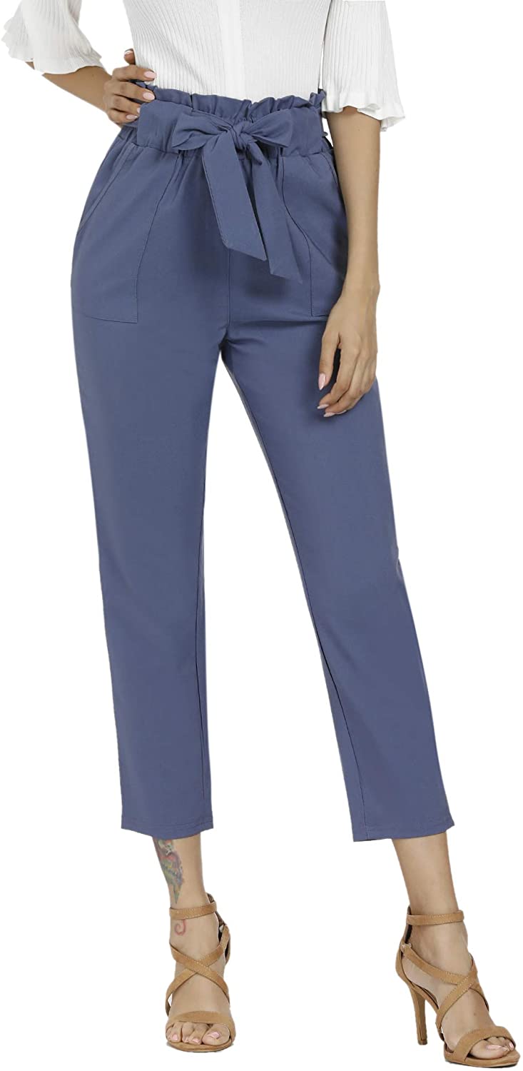 Freeprance Women's Pants Casual Trouser Paper Bag Pants Elastic Waist Slim Pockets