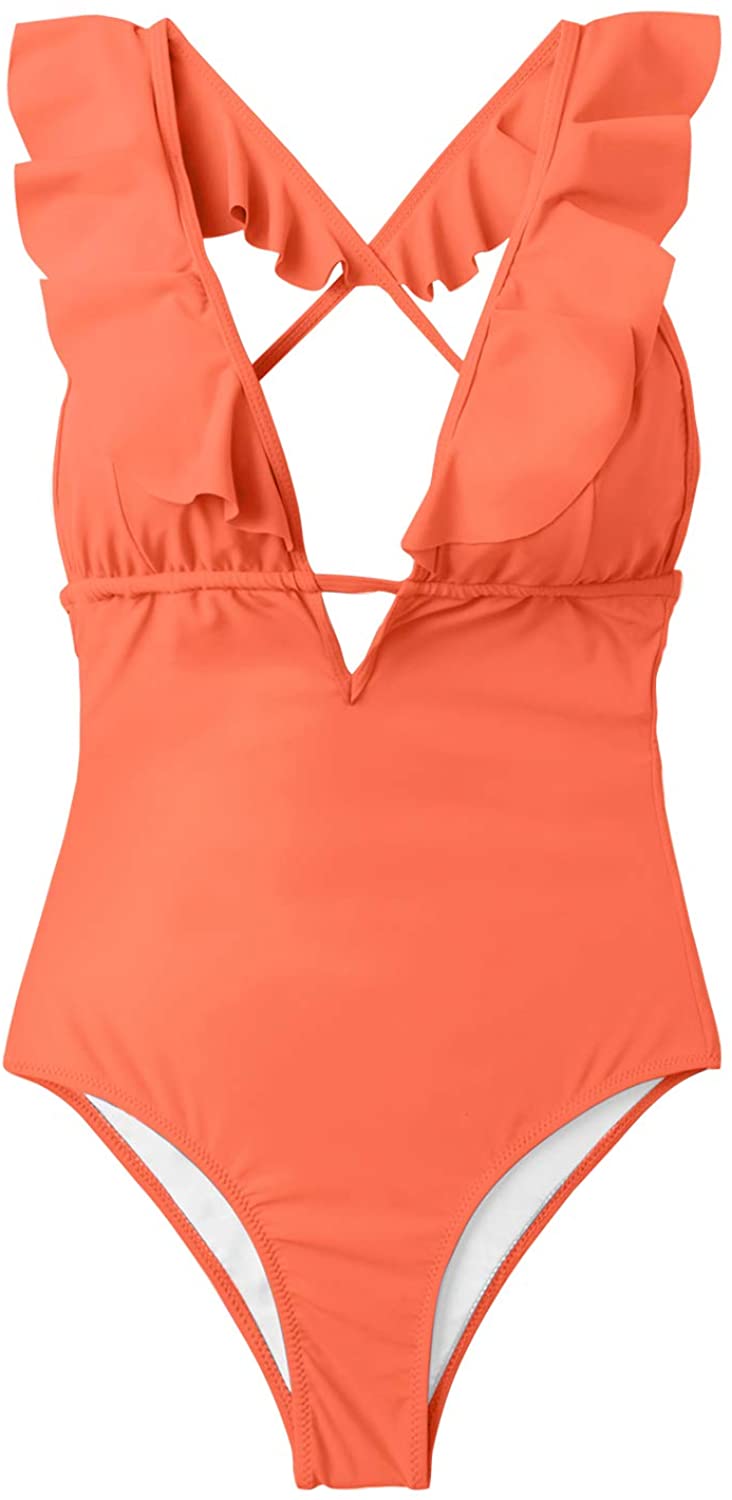 CUPSHE Women's One Piece Swimsuit Ruffle Deep V Neck Strappy Swimwear Bathing Suits