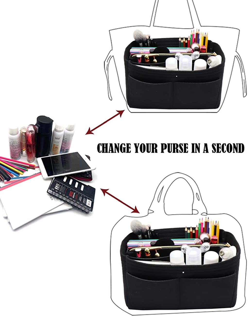 Felt Purse Bag Organizer Insert with zipper Bag Tote Shaper Fit Speedy Neverfull MM GM