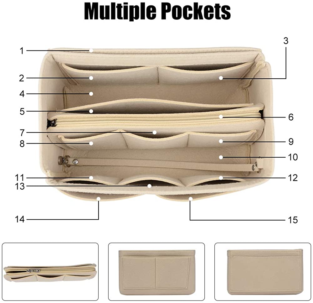 JessLab Felt Purse Organizer Insert with 14 Pockets and Detachable Zip Pouch