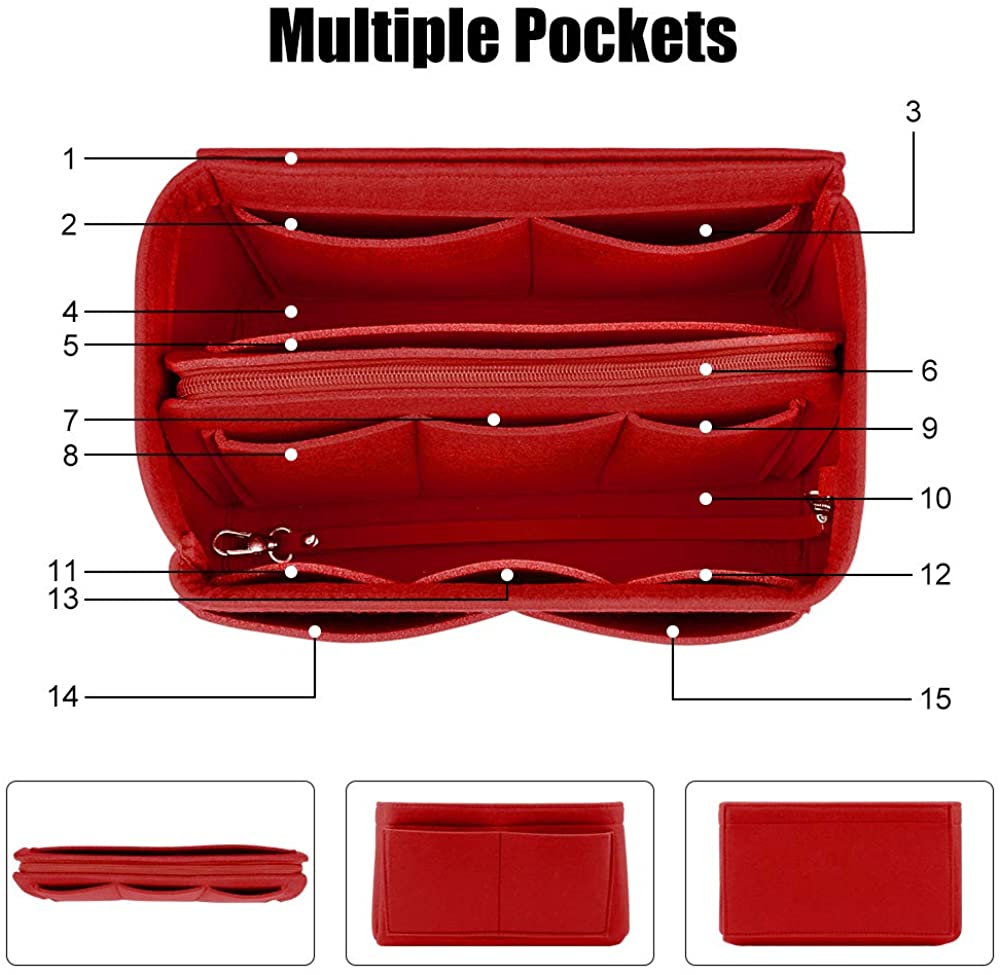 JessLab Felt Purse Organizer Insert with 14 Pockets and Detachable Zip Pouch