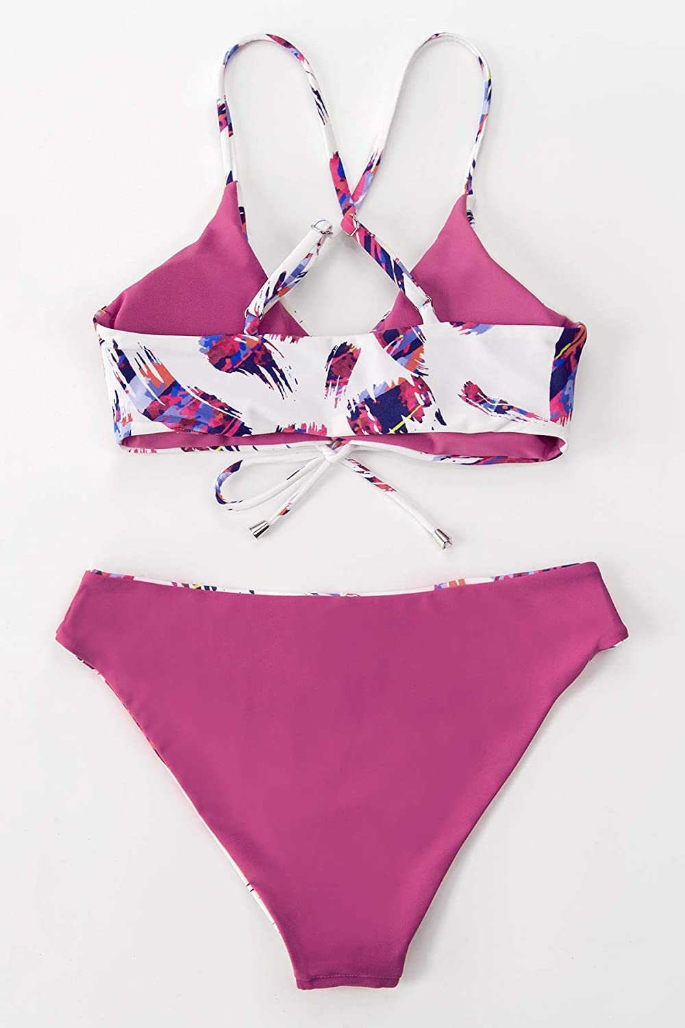 CUPSHE Women's Reversible Lace Up Bikini Sets Floral and Striped