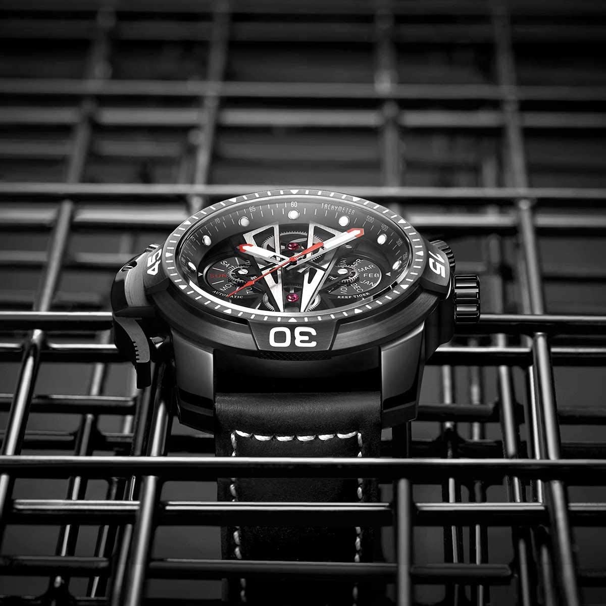 Reef Tiger Mens Sport Mechanical Watches with Steel Black Dial Automatic Watch Calfskin Leather Strap RGA3591