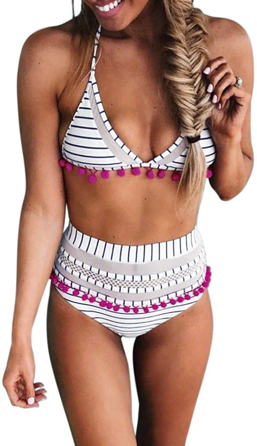 Bdcoco Women's High Waist Two Pieces Bikini Set Padded Stripe Tassel Swimsuit