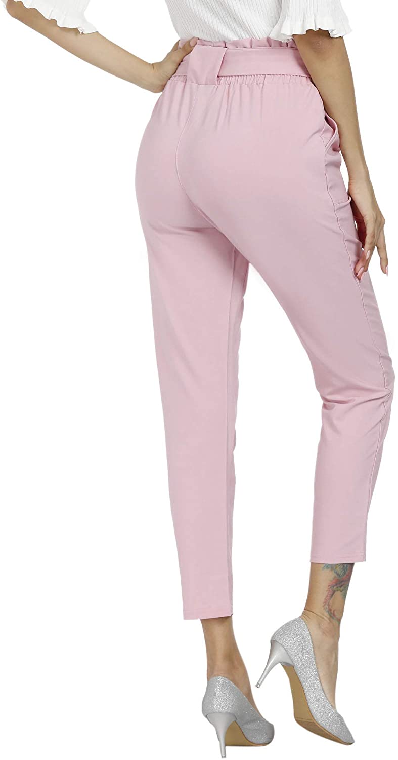 Freeprance Women's Pants Casual Trouser Paper Bag Pants Elastic Waist Slim Pockets