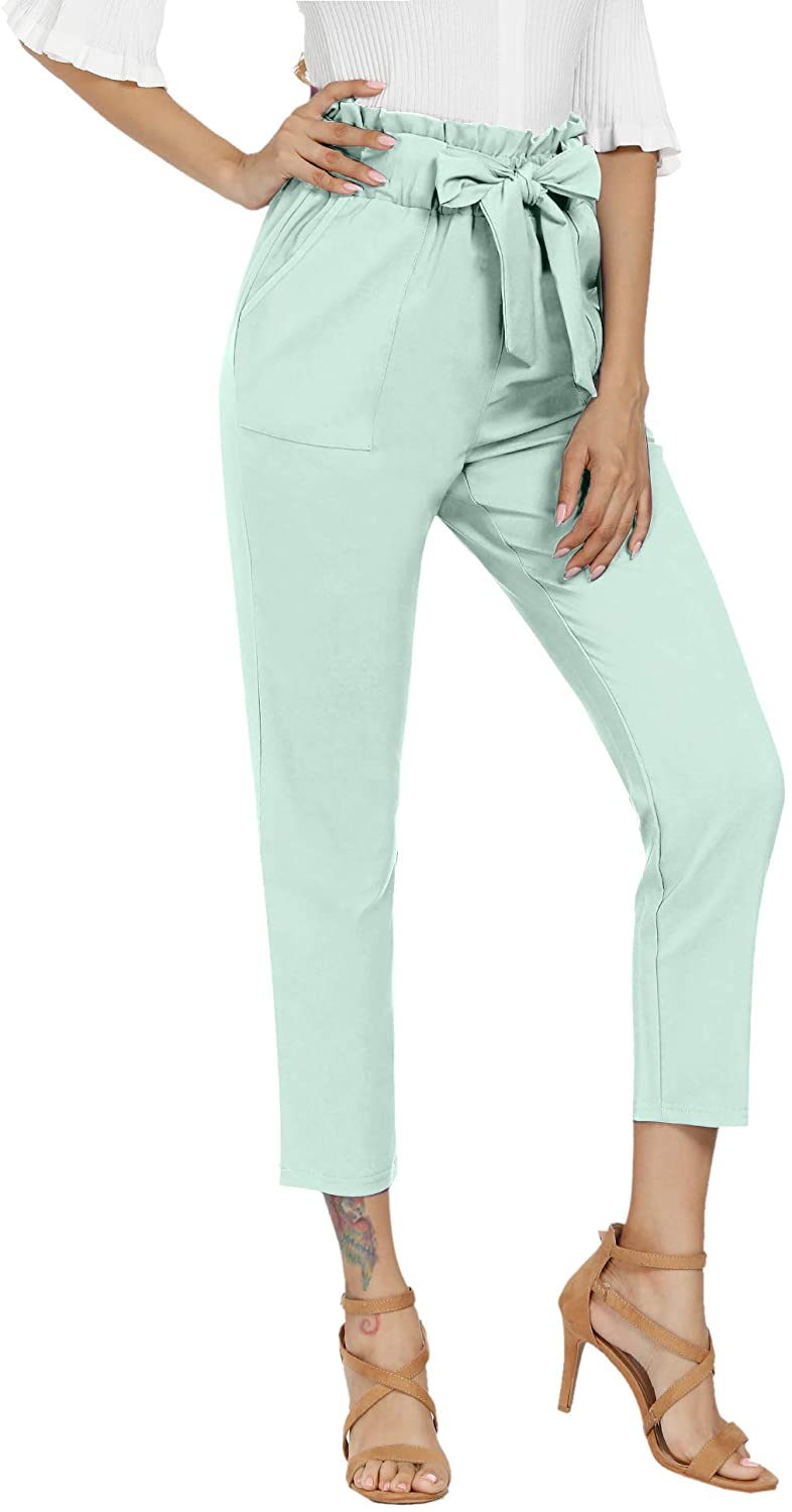 Freeprance Women's Pants Casual Trouser Paper Bag Pants Elastic Waist Slim Pockets