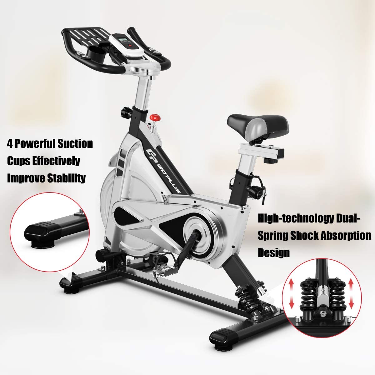 Goplus Adjustable Exercise Bike, Stationary Silent Bicycle with Dual-Spring Shock Absorption Design - JOY2ESpree