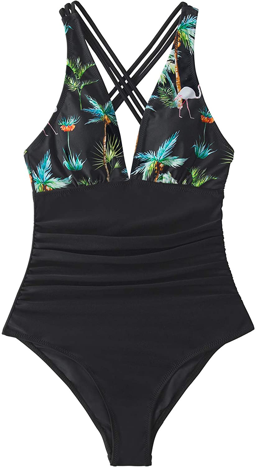 CUPSHE Women's One Piece Swimsuit V Neck Tummy Control Cross Back Vintage Swimwear Bathing Suits