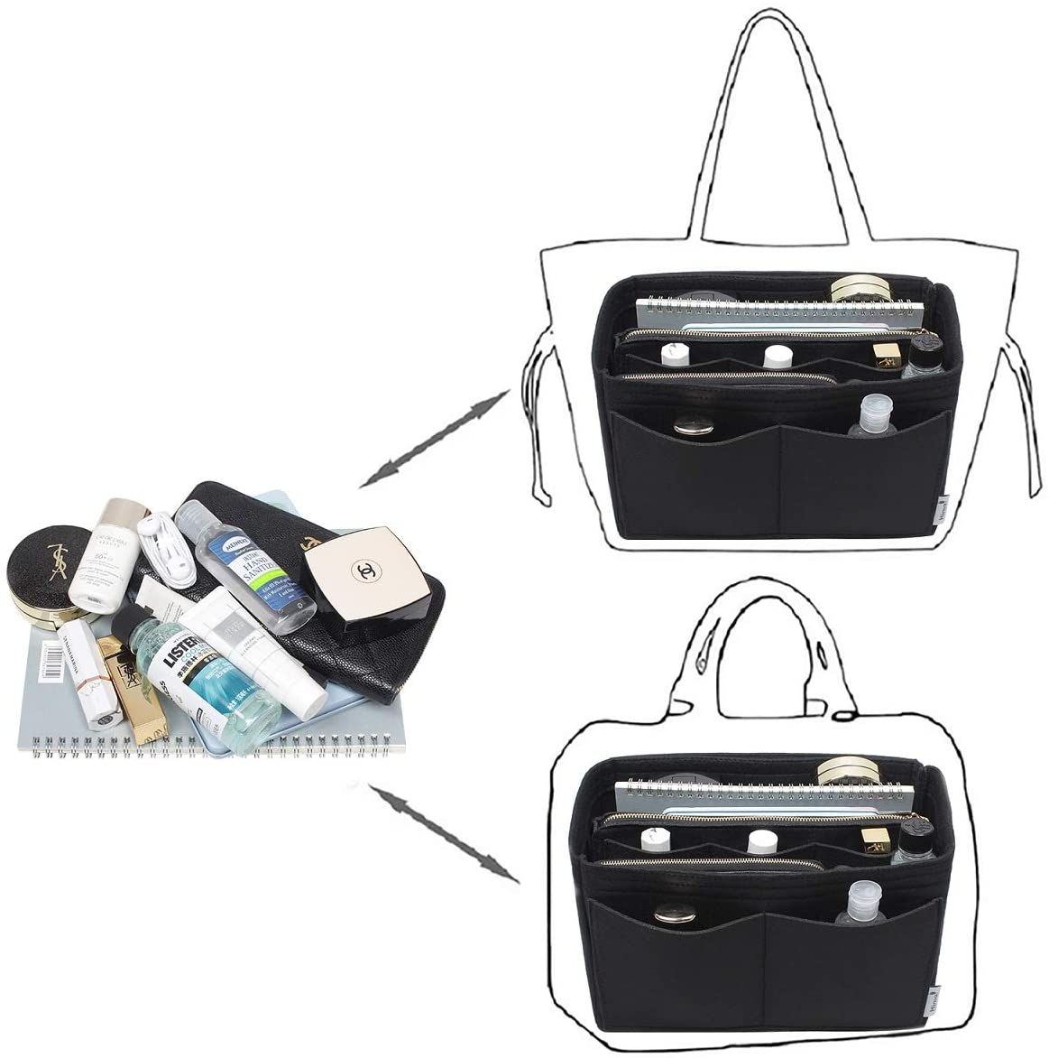 Purse Organizer Insert, Bag Organizer, Bag in Bag, Perfect for Speedy Neverfull and More, 5 Size (X-Large, Black)