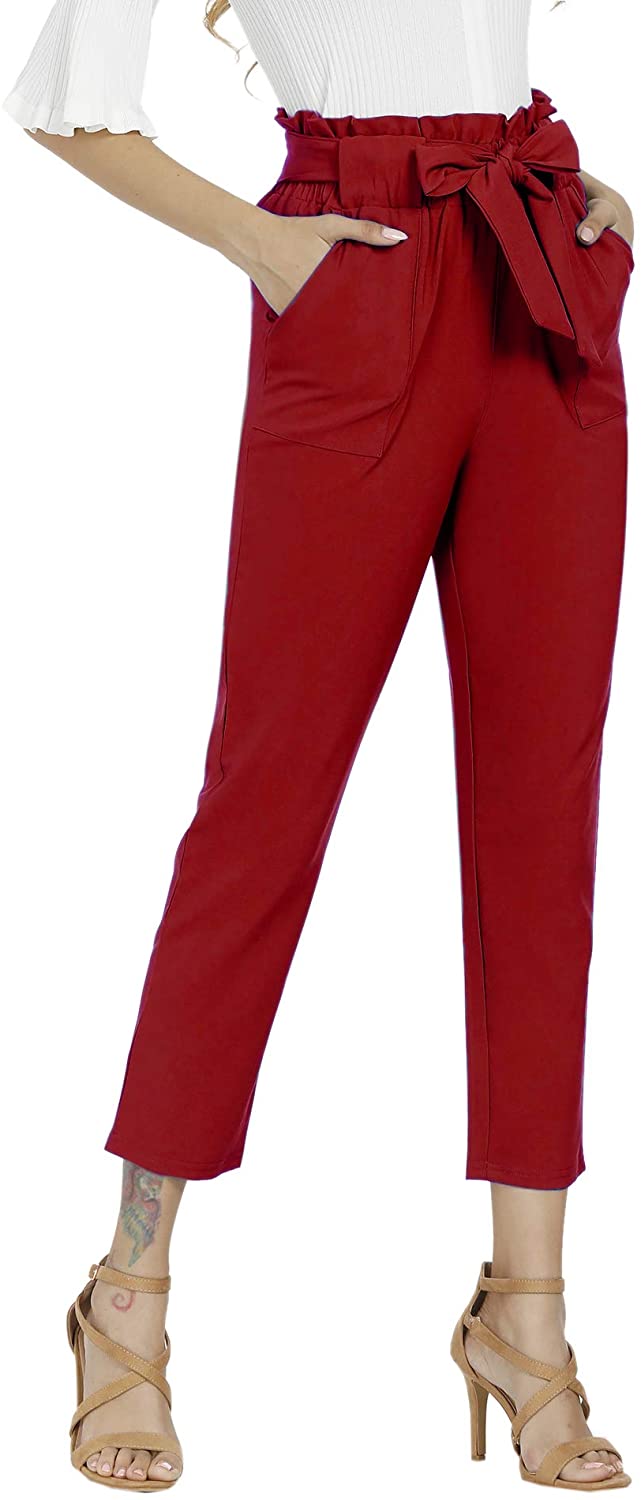 Freeprance Women's Pants Casual Trouser Paper Bag Pants Elastic Waist Slim Pockets