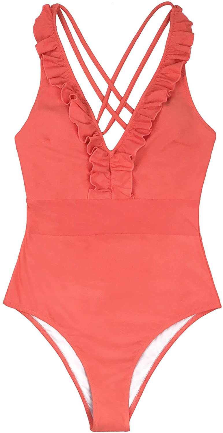 CUPSHE Women's V Neck One Piece Swimsuit Ruffled Back Cross Swimwear