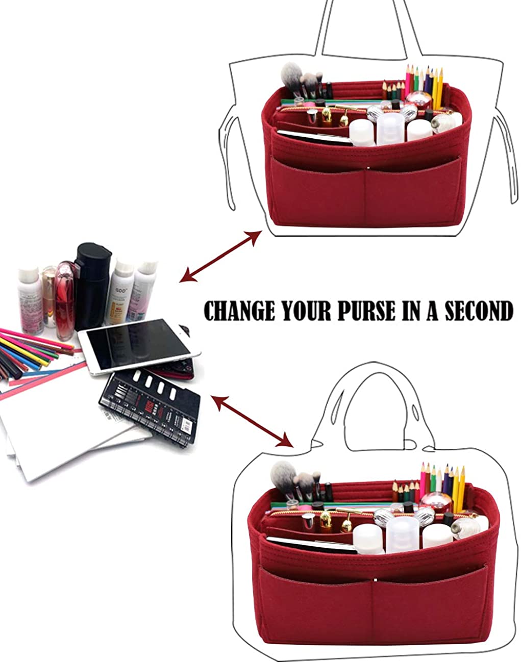 Felt Purse Bag Organizer Insert with zipper Bag Tote Shaper Fit Speedy Neverfull MM GM