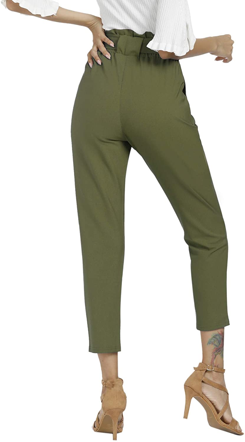 Freeprance Women's Pants Casual Trouser Paper Bag Pants Elastic Waist Slim Pockets