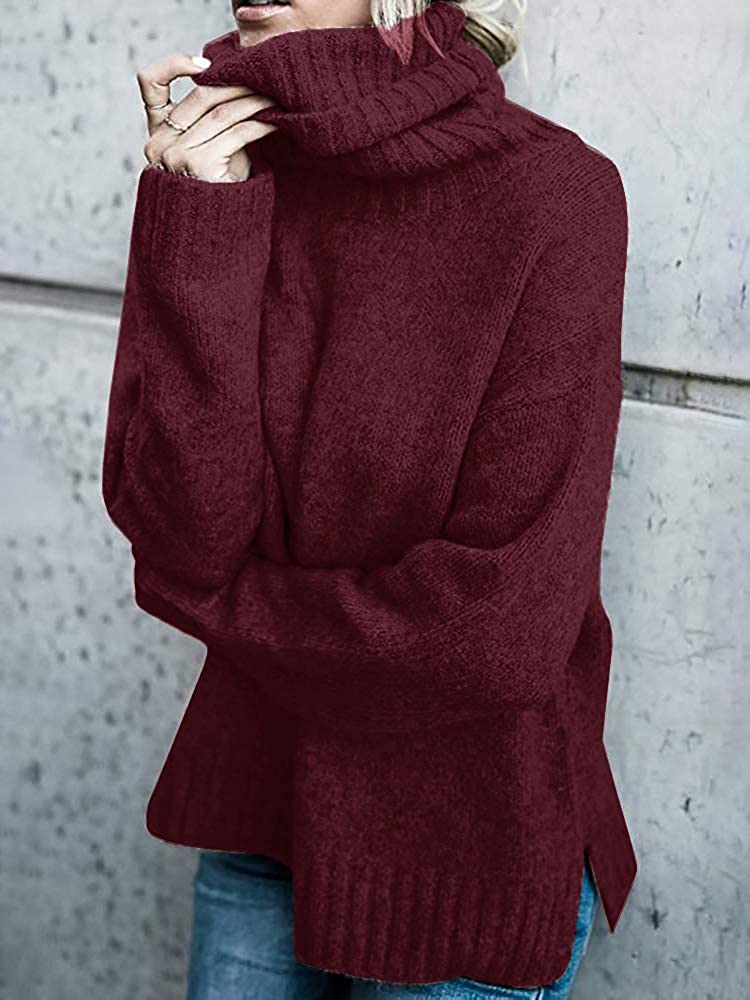 FISACE Womens Solid Round Neck Oversized Turtleneck Full Sleeve Knitted Sweater Pullover