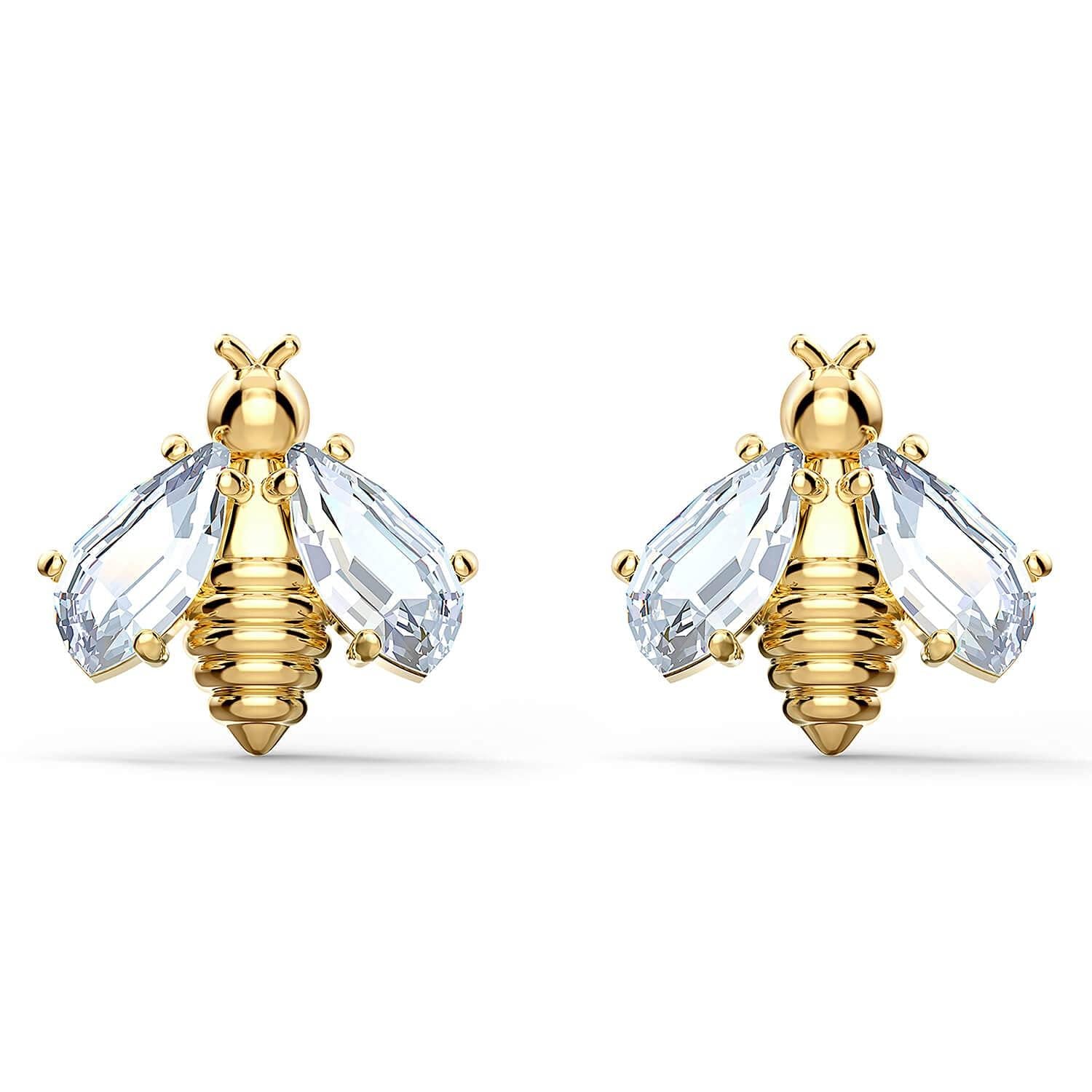 Eternal Flower Bee Pierced Earrings, White, Gold-tone plated - JOY2ESpree