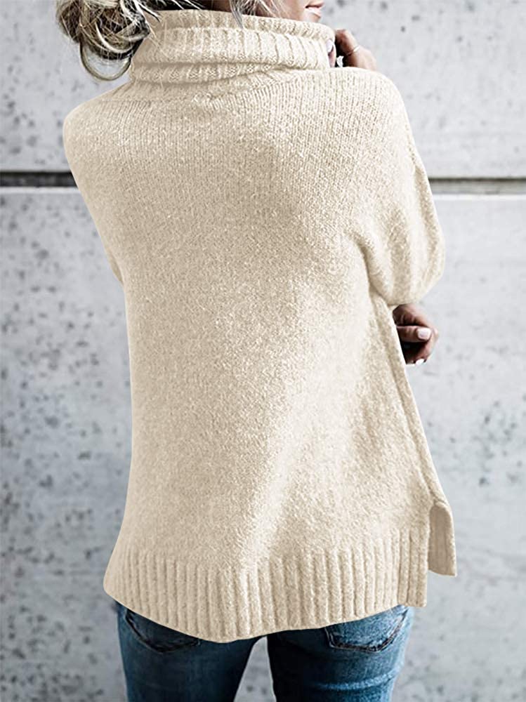 FISACE Womens Solid Round Neck Oversized Turtleneck Full Sleeve Knitted Sweater Pullover