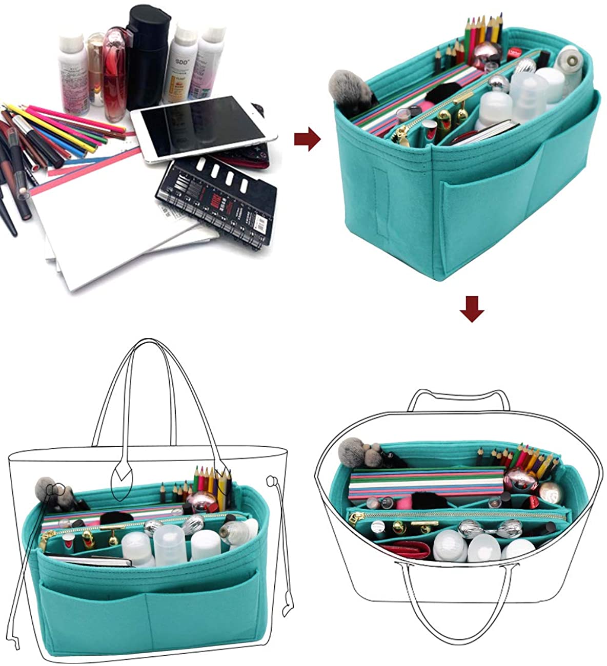 Felt Purse Bag Organizer Insert with zipper Bag Tote Shaper Fit Speedy Neverfull MM GM