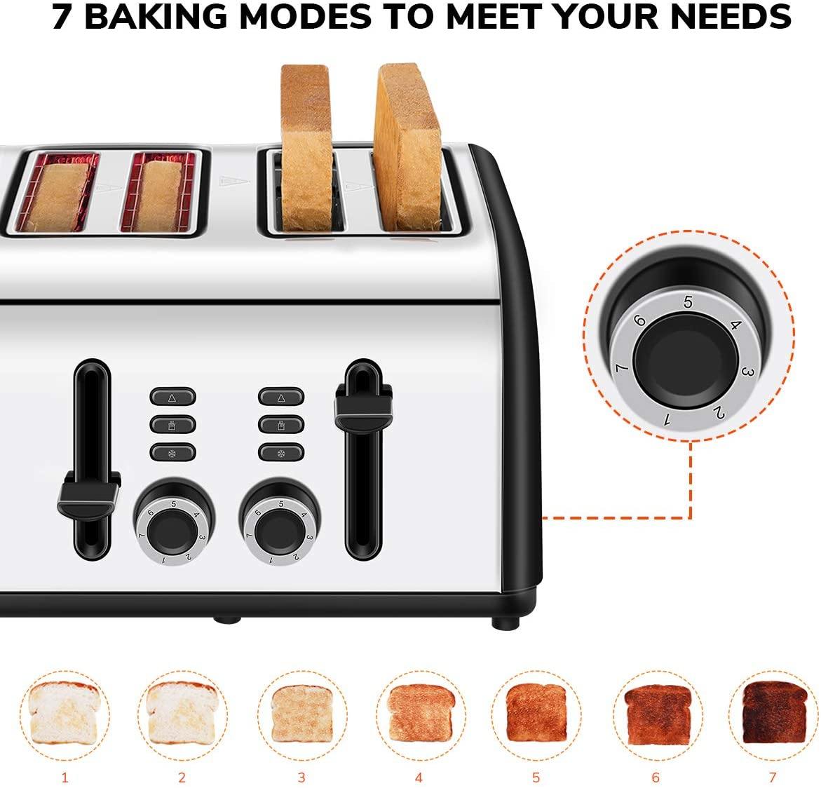 Toaster 4 Slice, CUSINAID 4 Wide Slots Stainless Steel Toasters with Reheat Defrost Cancel Function, 7-Shade Setting, Blue - JOY2ESpree