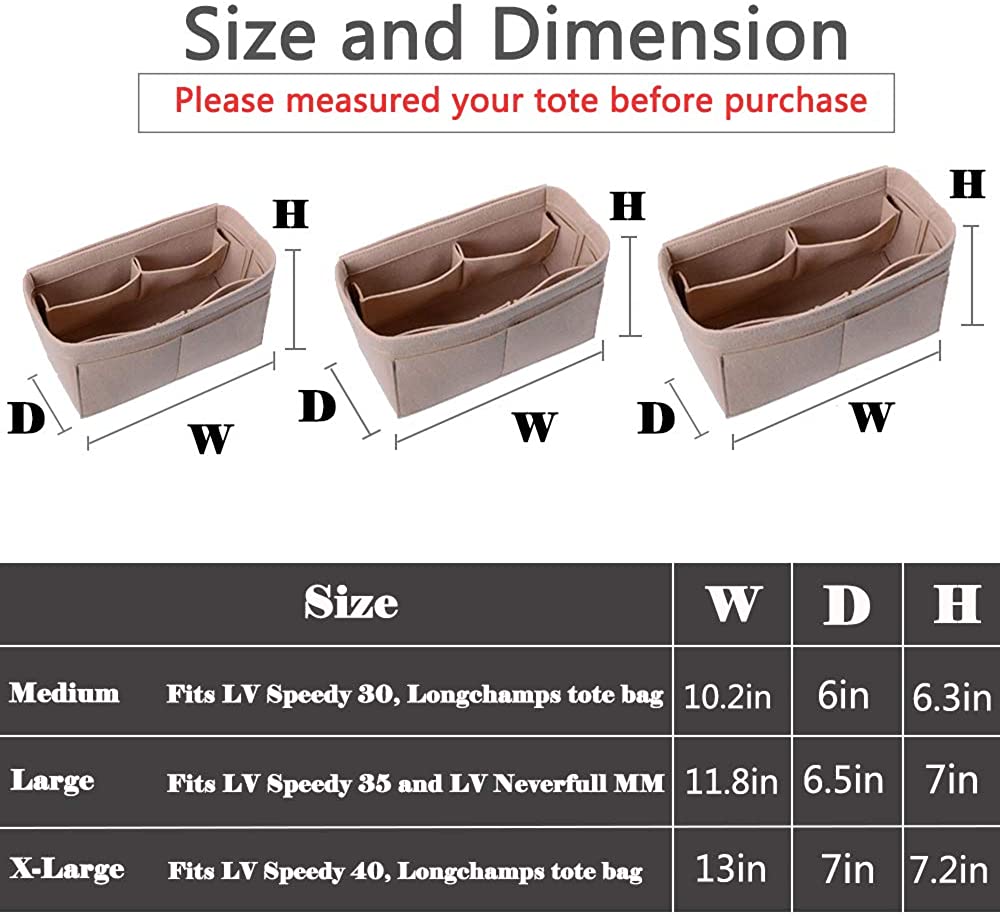 Lmeison Felt Fabric Purse Handbag Organizer Insert Bag For Speedy Neverfull Tote, 3 Sizes