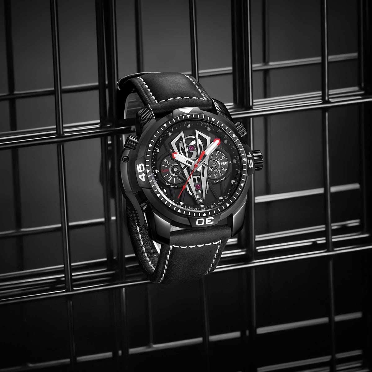 Reef Tiger Mens Sport Mechanical Watches with Steel Black Dial Automatic Watch Calfskin Leather Strap RGA3591