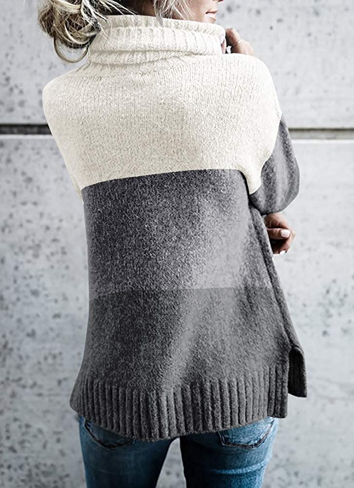 FISACE Womens Solid Round Neck Oversized Turtleneck Full Sleeve Knitted Sweater Pullover