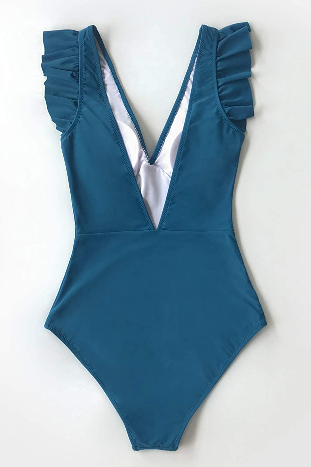 CUPSHE Women's One Piece Swimsuit V Neck Ruched Ruffle Shoulder Swimwear Bathing Suits