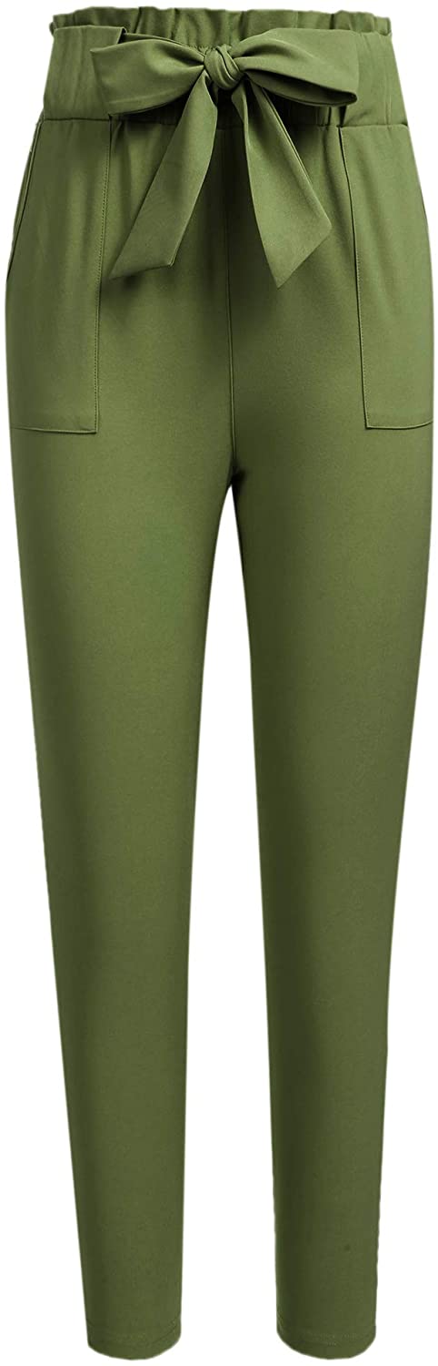 Freeprance Women's Pants Casual Trouser Paper Bag Pants Elastic Waist Slim Pockets