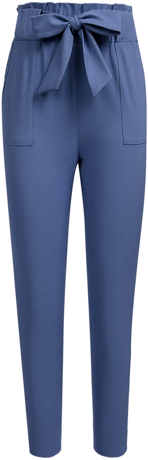 Freeprance Women's Pants Casual Trouser Paper Bag Pants Elastic Waist Slim Pockets