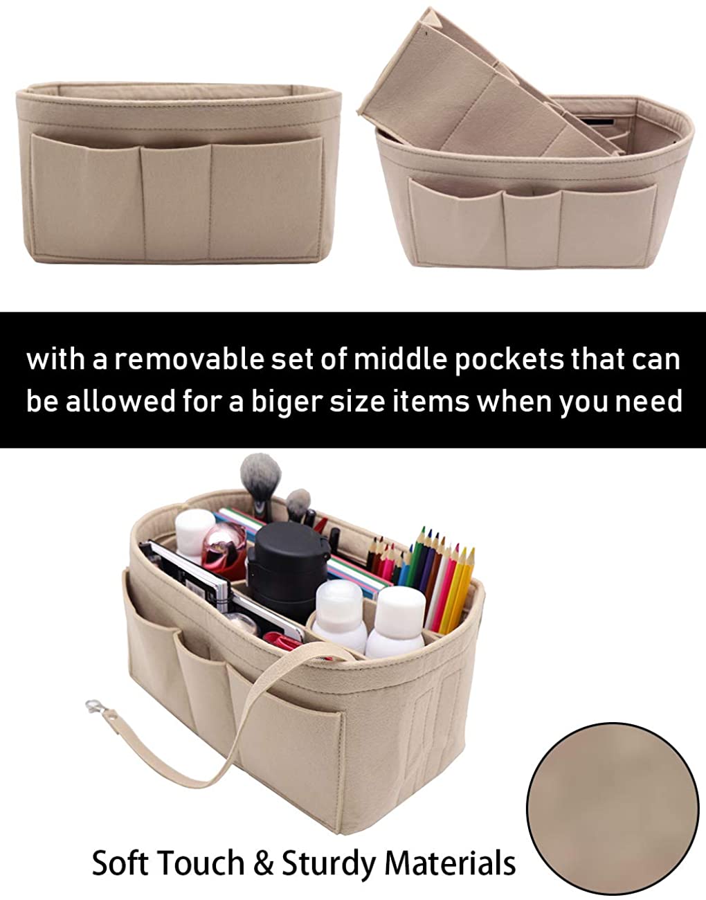Felt Fabric Purse Tote Diaper Bag Organizer Insert Bag in Bag with Zipper Inner Pocket For Neverfull Speedy