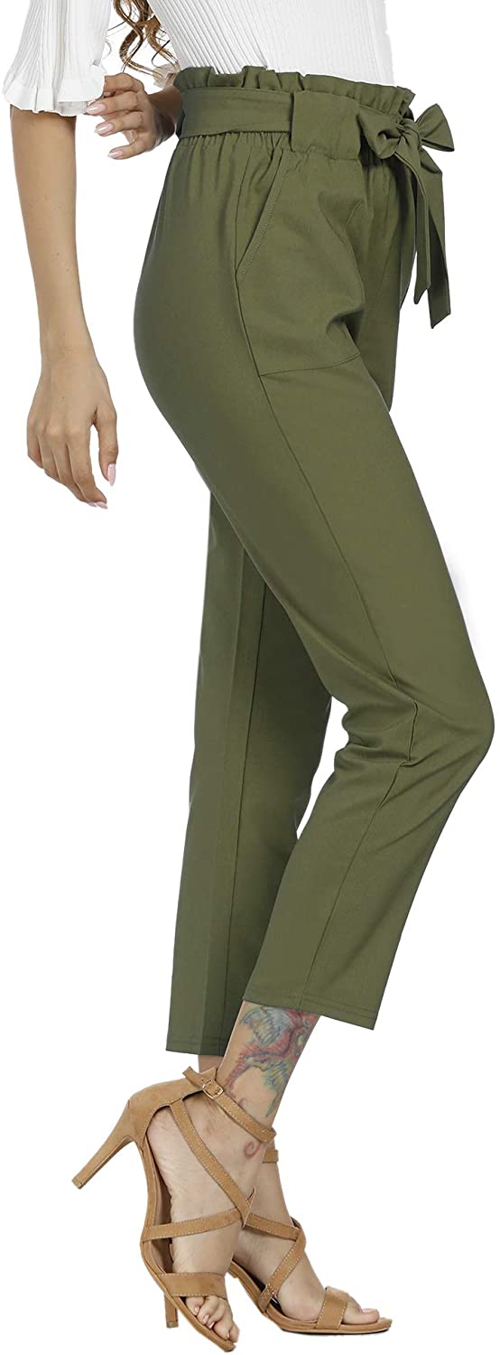 Freeprance Women's Pants Casual Trouser Paper Bag Pants Elastic Waist Slim Pockets