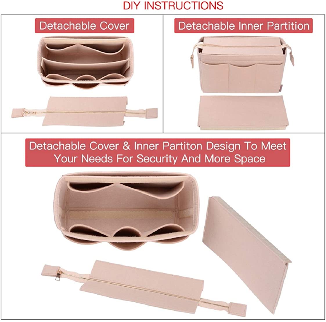 Purse Organizer Insert, Bag Organizer with NEW Detachable Zipper cover, fits Speedy Neverful, St Lious, Tote, 5 Size
