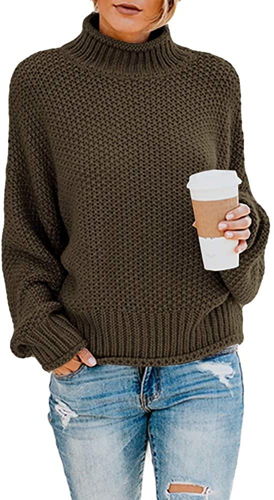 Saodimallsu Womens Turtleneck Oversized Sweaters Batwing Long Sleeve Pullover Loose Chunky Knit Jumper - JOY2ESpree