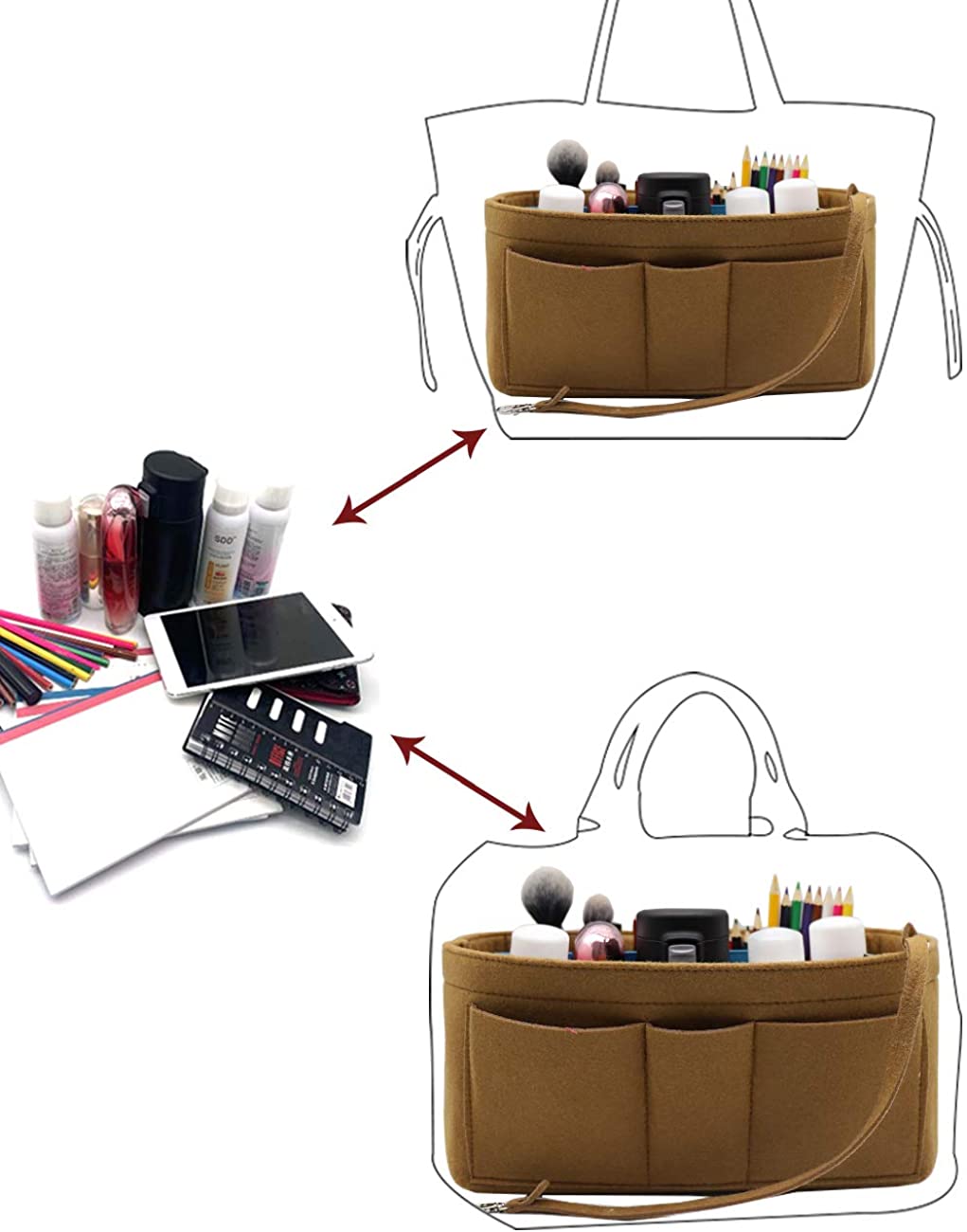 Felt Fabric Purse Tote Diaper Bag Organizer Insert Bag in Bag with Zipper Inner Pocket For Neverfull Speedy