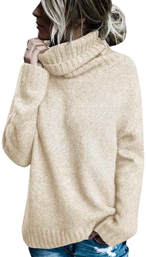 FISACE Womens Solid Round Neck Oversized Turtleneck Full Sleeve Knitted Sweater Pullover