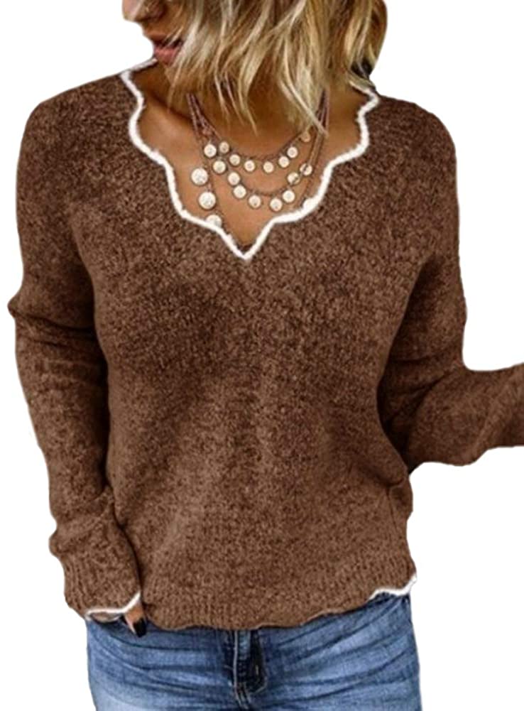 Rungion Womens Long Sleeve V Neck Pullover Sweaters Cute Knitted Winter Oversized Blouse Tops