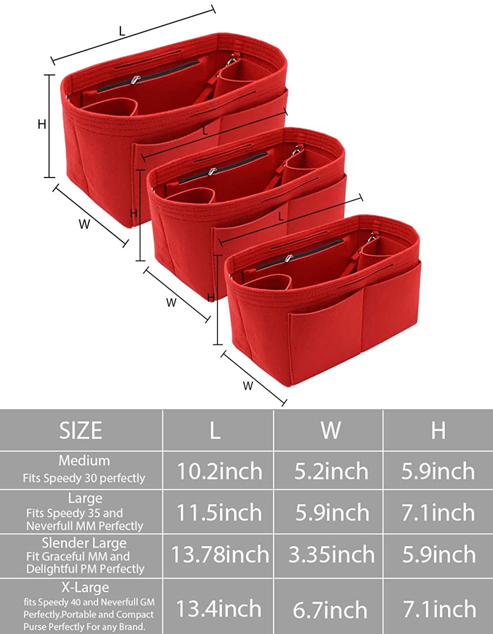 Felt Purse Organizer Insert Zipper Pocket with Two Removeable Bottle Holder