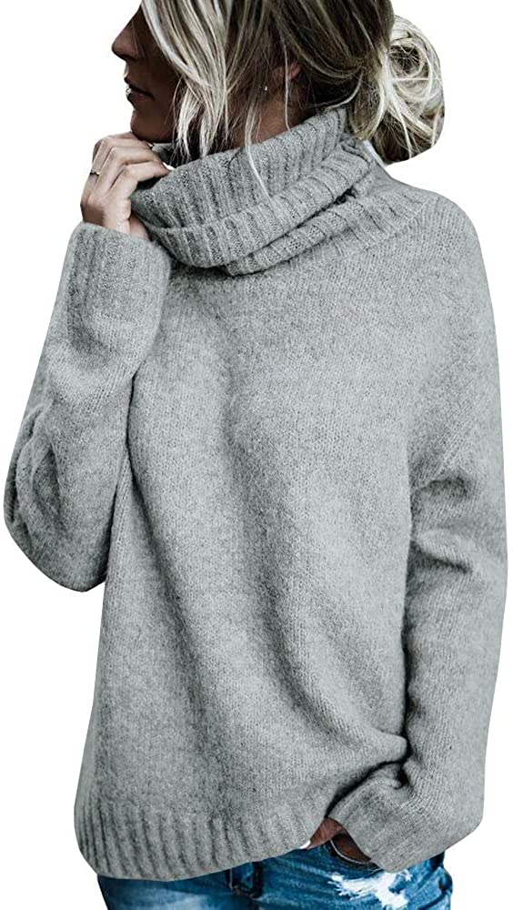 FISACE Womens Solid Round Neck Oversized Turtleneck Full Sleeve Knitted Sweater Pullover